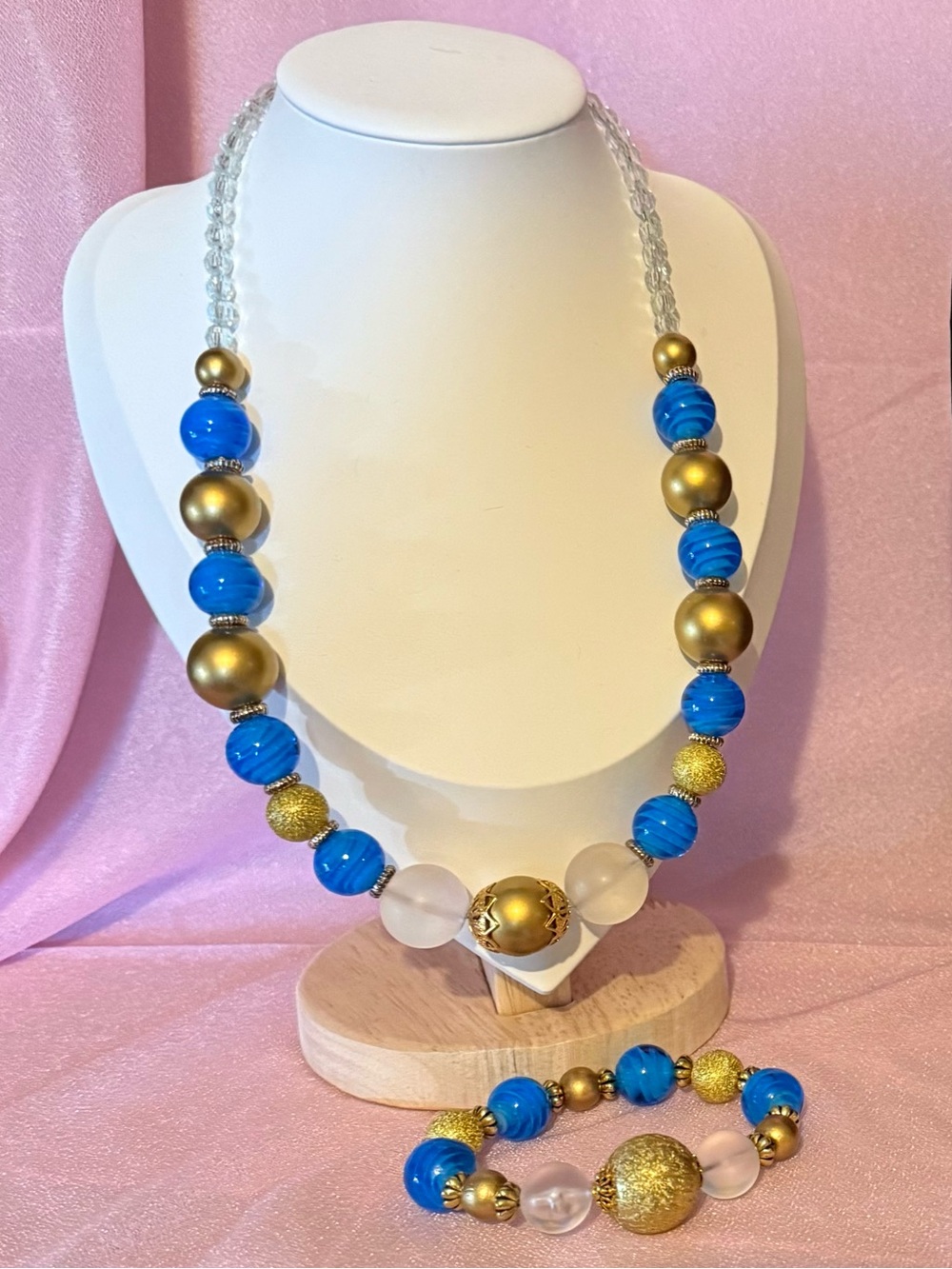 Handmade Blue Gold Beaded Statement Necklace & Bracelet Jewelry Set BTJ